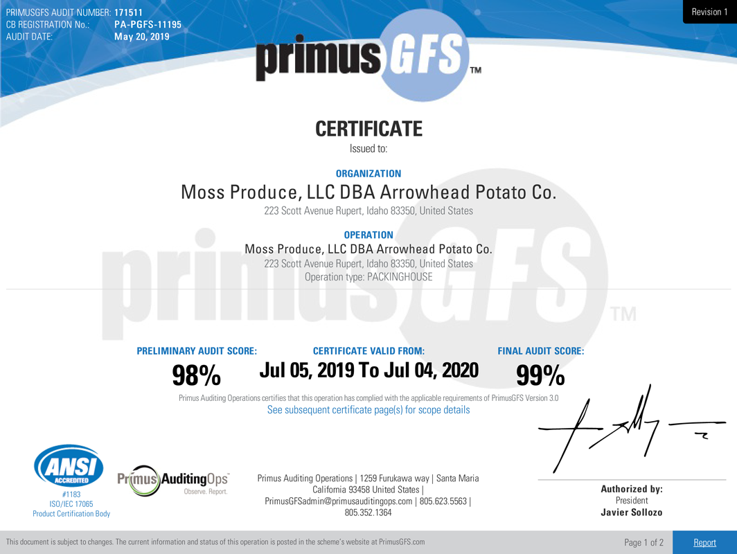 Primus Food Safety Certificate